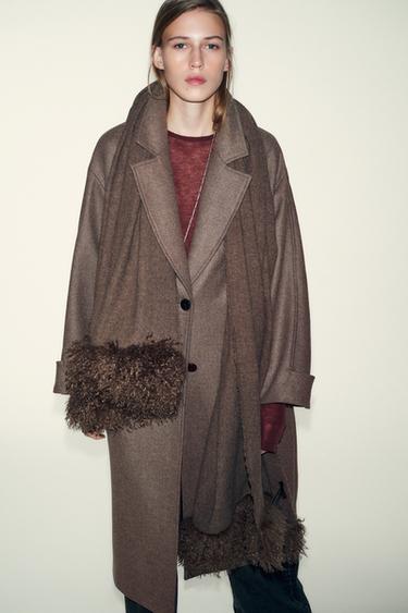 Zara WOOL SCARF WITH FAUX FUR EFFECT - Brown / Taupe