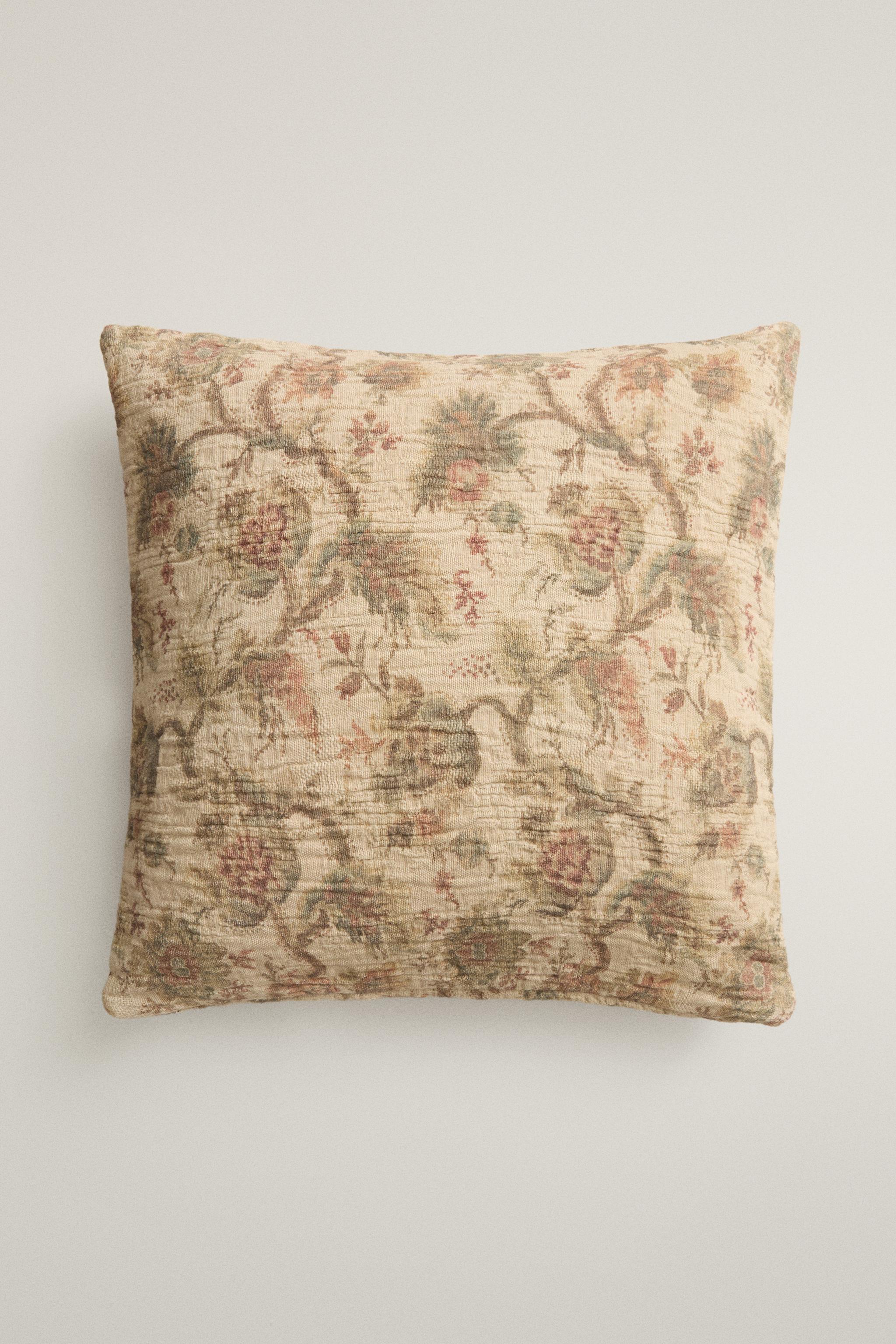 COTTON LINEN FLORAL THROW PILLOW COVER