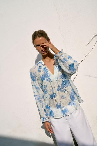 BEADED FLORAL PRINT SHIRT - Blue/White by Zara - Image 4
