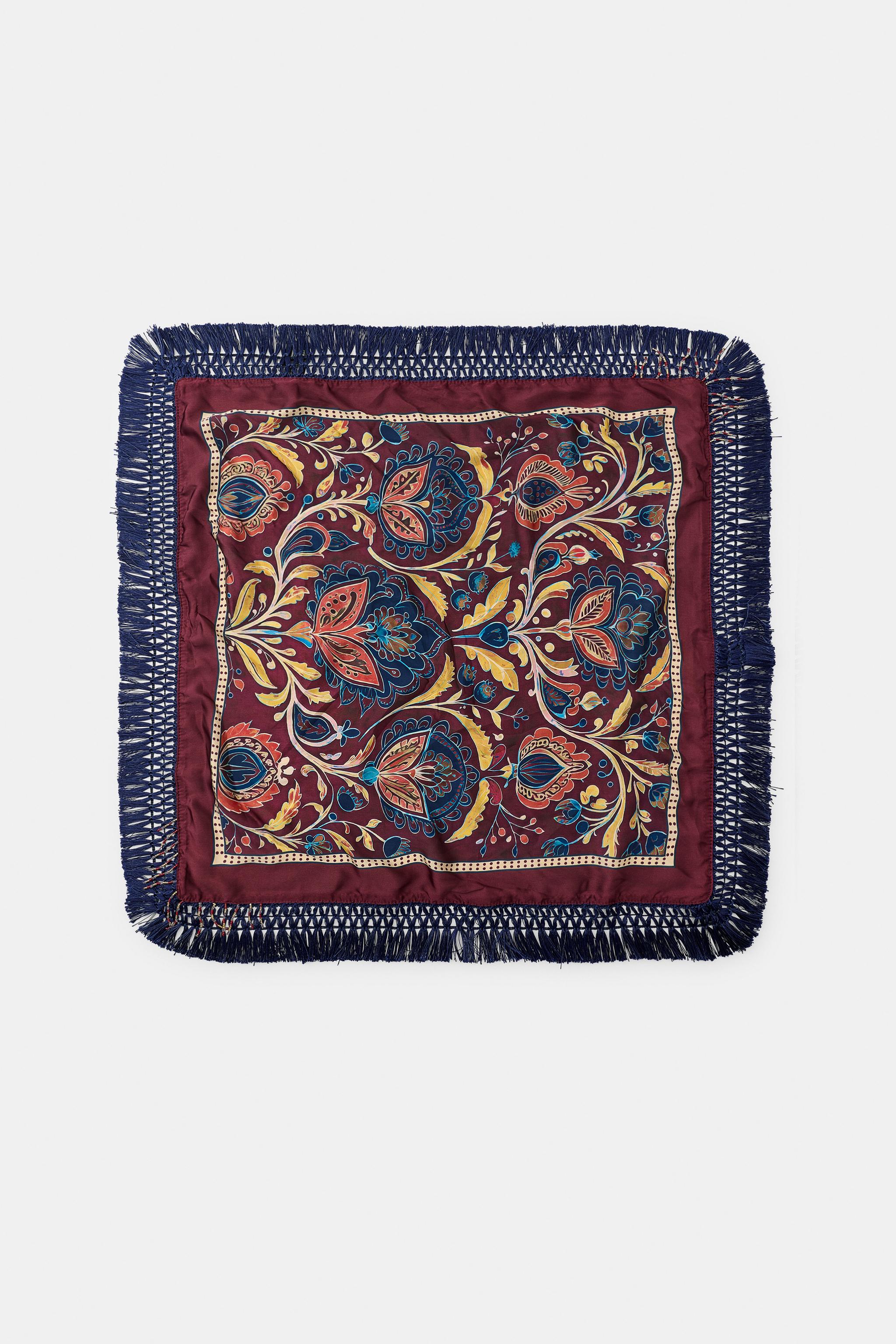 PRINTED FLORAL SCARF WITH BEADED FRINGE