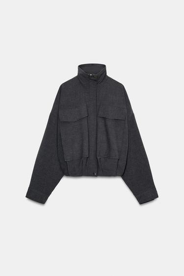 Zara 翻蓋飛行員夾克 - 深灰色