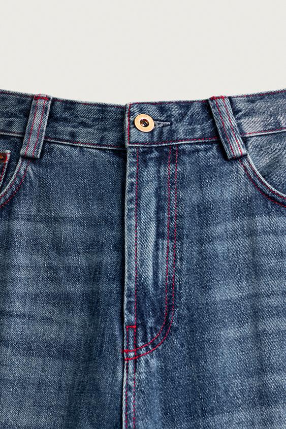 JEAN STRAIGHT FIT À SURPIQÛRES CONTRASTÉES - Bleu de Zara - Image 8