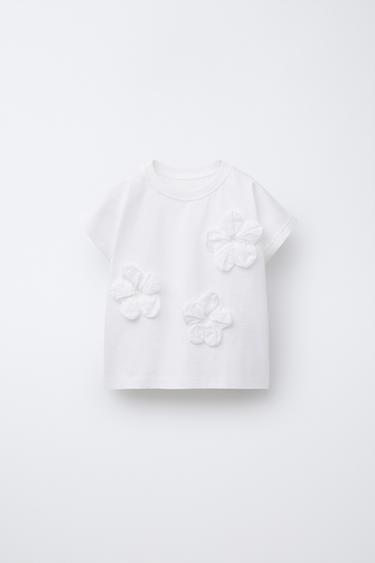 CAMISETA APLIQUE FLORES - Blanco roto de Zara
