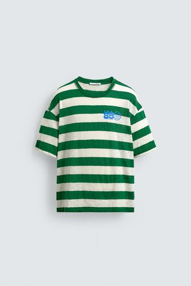 STRIPED T-SHIRT WITH CONTRAST PRINT - Green / Ecru by Zara
