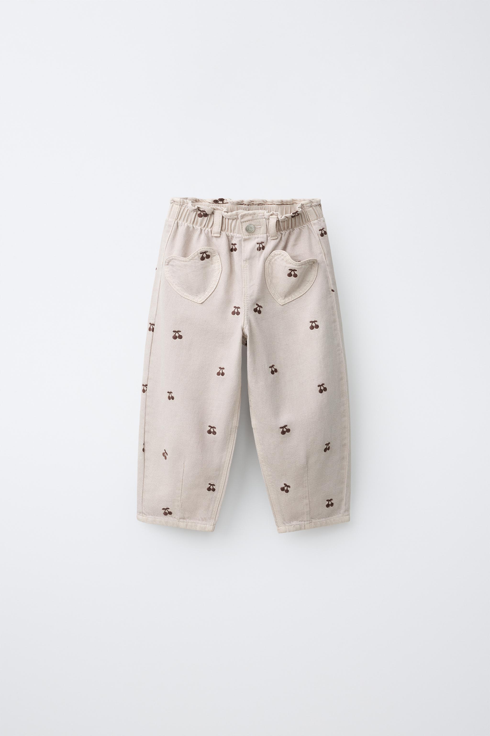 EMBROIDERED CHERRY BAGGY TWILL PANTS — Beige