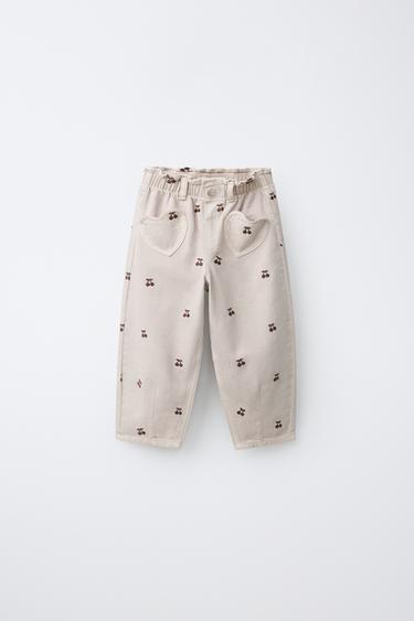 Zara EMBROIDERED CHERRY BAGGY TWILL PANTS - Beige