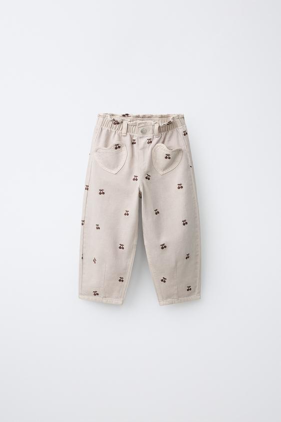 BAGGY TWILL TROUSERS WITH EMBROIDERED CHERRIES - Beige by Zara - Image 0