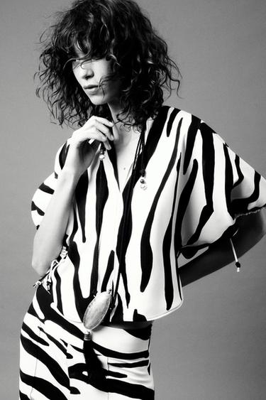 Zara ZW COLLECTION ANIMAL PRINT TOP - Ecru / Black