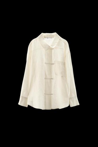 100% LINEN SHIRT WITH CROSSOVER COLLAR - Ecru by Zara - Image 0