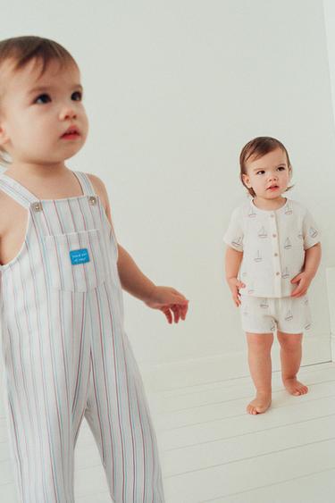 Zara LONG STRIPED OVERALLS - Ecru / Blue