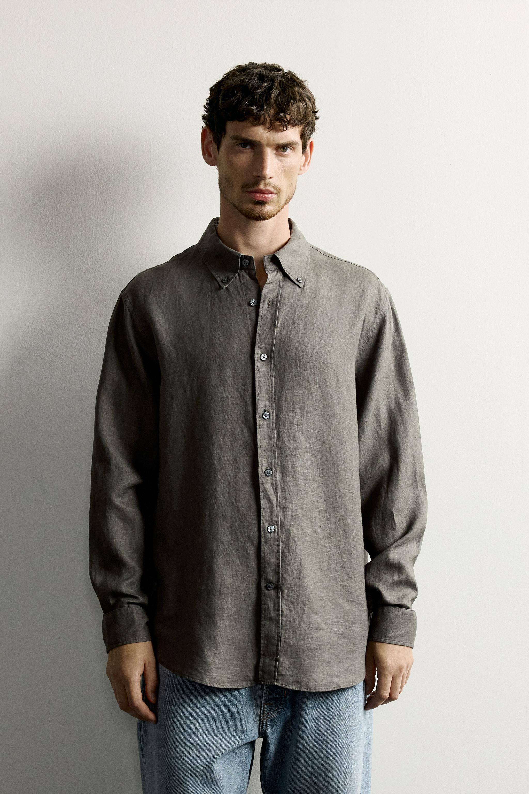 100% LINEN REGULAR FIT SHIRT — Dark khaki