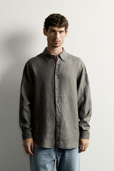 CAMISA REGULAR FIT 100 % LIÑO - Caqui escuro de Zara