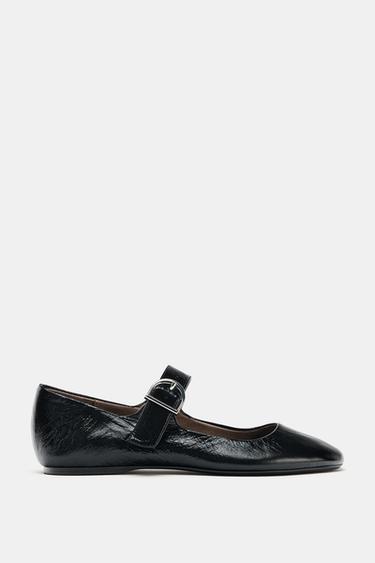 LEATHER BUCKLE BALLET FLATS - Black by Zara - Image 0