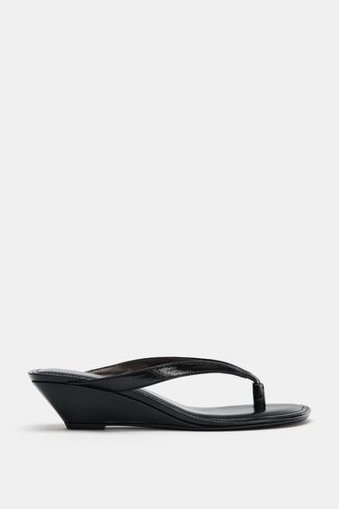 LEATHER WEDGE SANDALS - Black by Zara