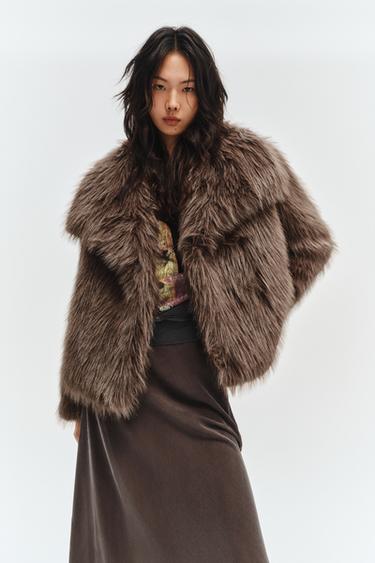 Zara 短版人造皮草大衣 ZW COLLECTION - 棕色