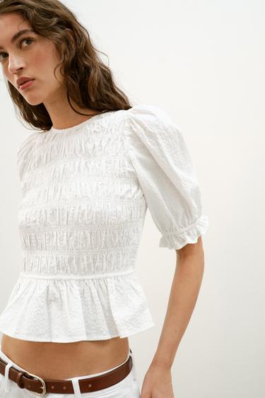 CHECK SMOCKED TOP - White by Zara - Image 1