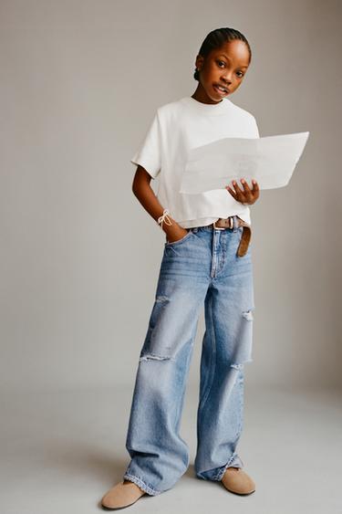 Zara RIPPED WIDE LEG JEANS - Blue