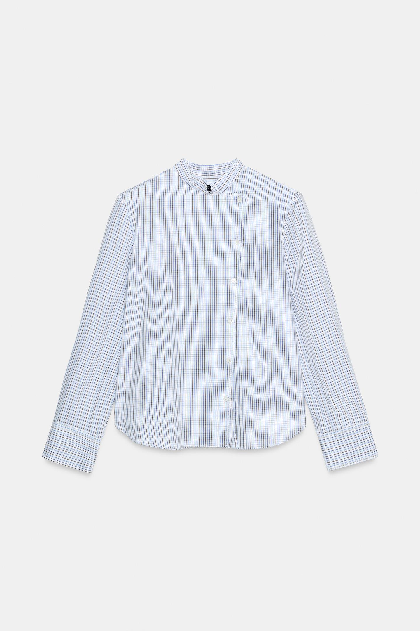 Женская рубашка Zara ZW Collection Plaid Shoulder-Pad, цвет: Коричневый синий — фото 7