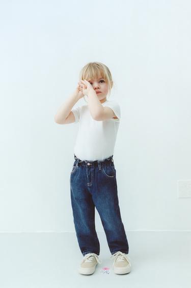 JEANS PAPERBAG COM BOLSOS CORAÇÃO - Azul da Zara