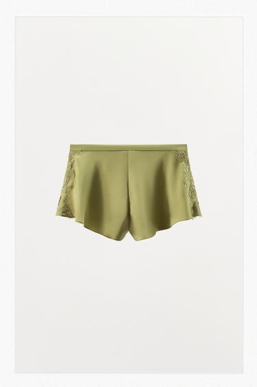 SATIN SHORTS WITH LACE TRIM - Green by Zara