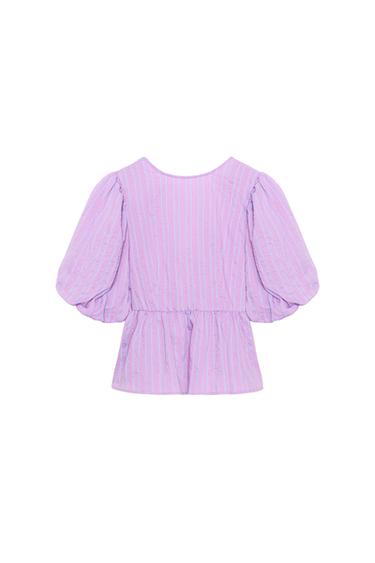 Zara STRIPED PUFF SLEEVE TIE BLOUSE - Pink / Lilac