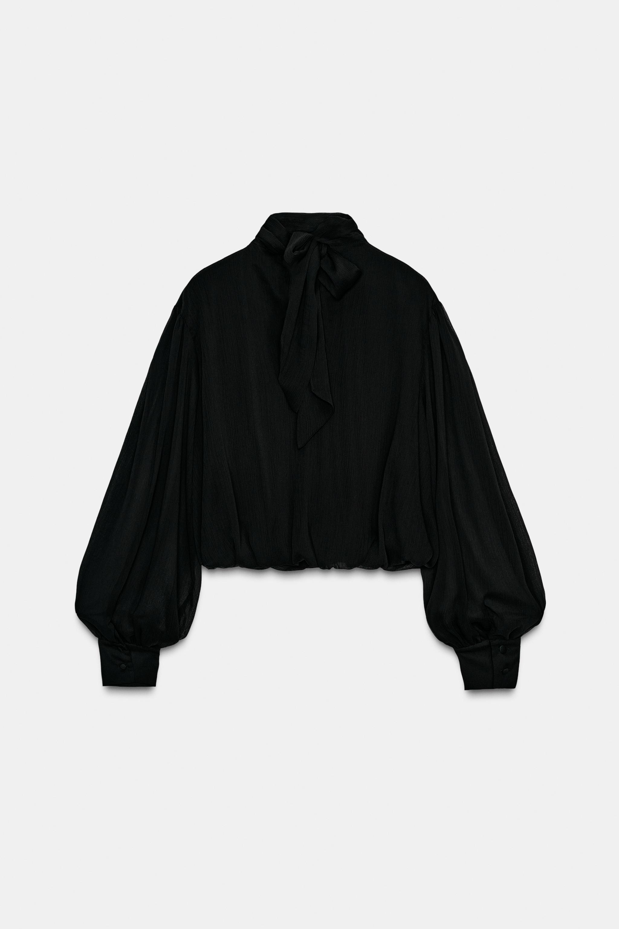 DRAPED SEMI-SHEER PUFF SLEEVE TOP