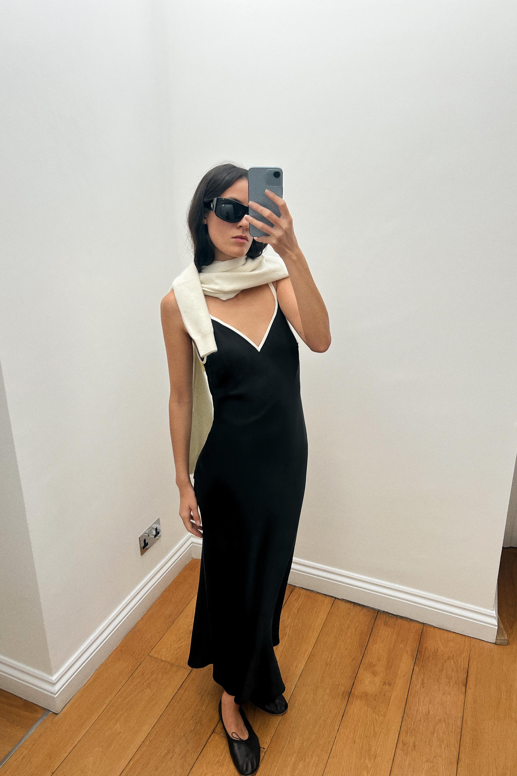 SATIN MIDI DRESS WITH CONTRAST TRIM — Black