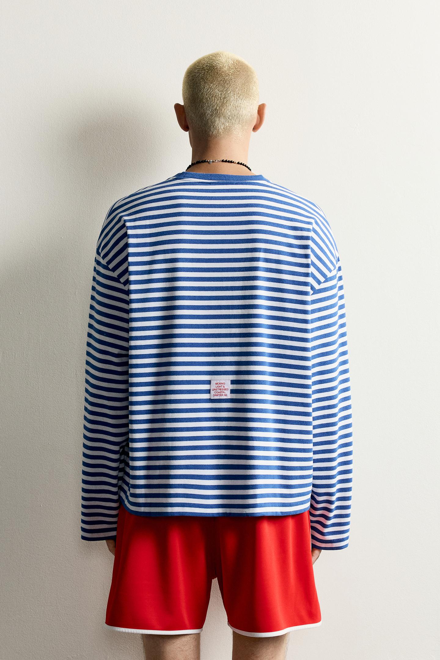 Мужская футболка Zara Striped Jacquard Embroidered, цвет: Синий / Белый — фото 3