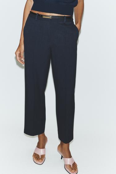 Zara STRAIGHT LEG BELTED PANTS - Navy blue