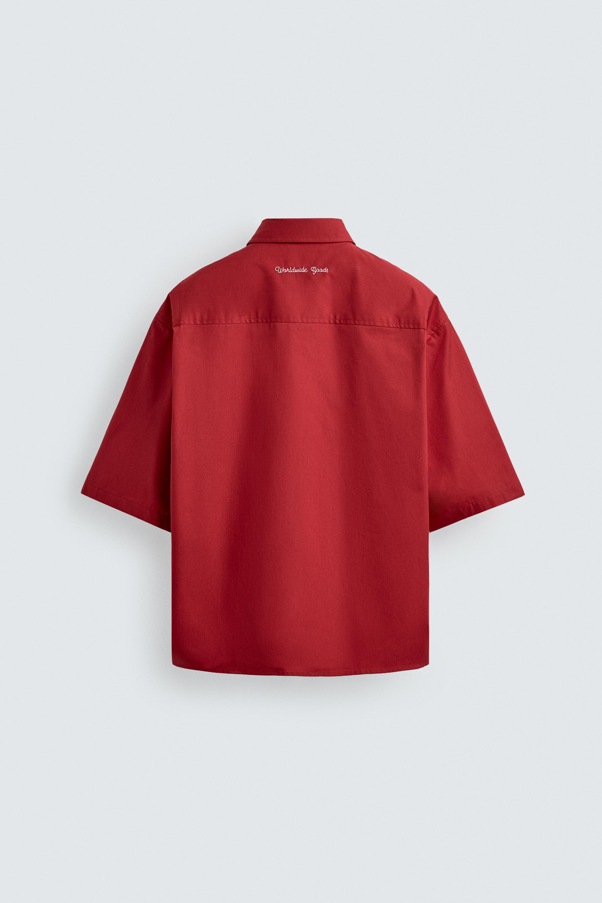 コントラスト刺繍入りリラックスフィットシャツ - レッド | ZARA Japan