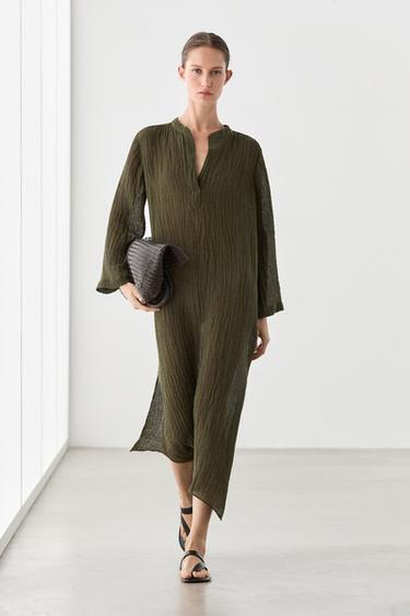Robe chemise gaufrée en mélange de lin - Vert de Zara - Image 0