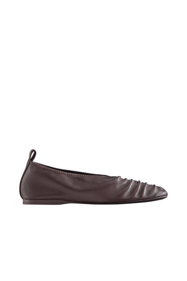 PLEATED LEATHER BALLERINAS - Burgundy Red by Zara