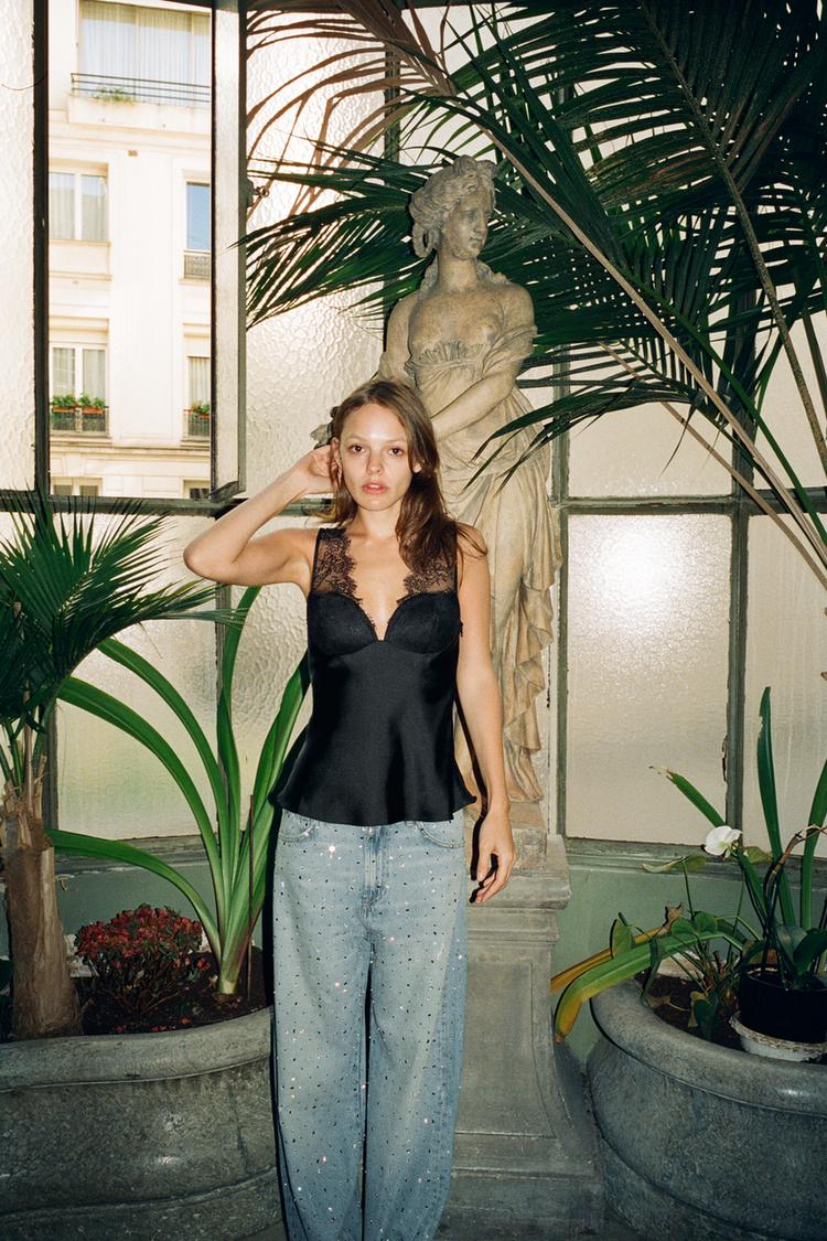 TOP SATINATO PIZZO Nero ZARA Italia Italy