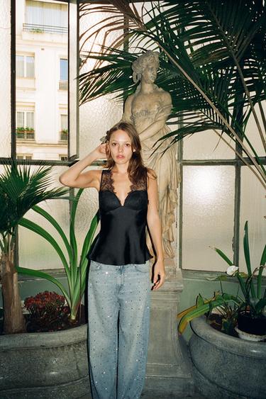 SATIN TOP WITH LACE - Black by Zara