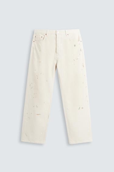 Zara PAINT SPLATTER STRAIGHT FIT JEANS - Oyster-white