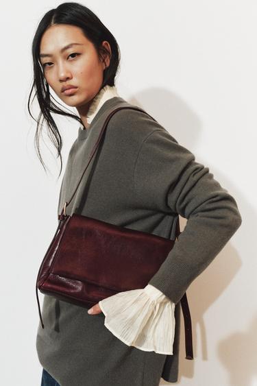 Zara LEATHER FLAP SHOULDER BAG - Red