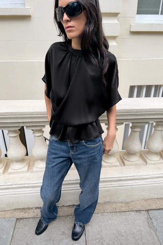 Zara DRAPED SATIN BLOUSE - Black - Image 0