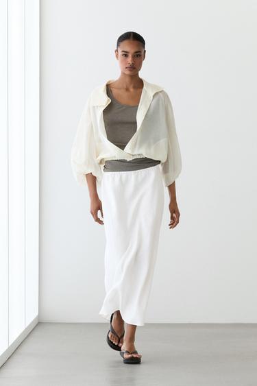 Zara 100% linen midi skirt with elasticated waistband - White