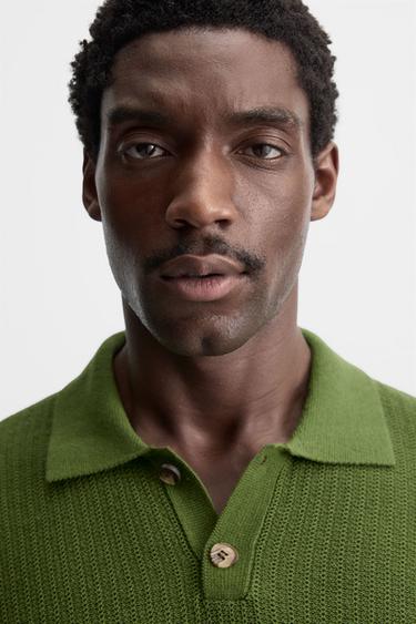 Zara TEXTURED KNIT POLO SHIRT - Green