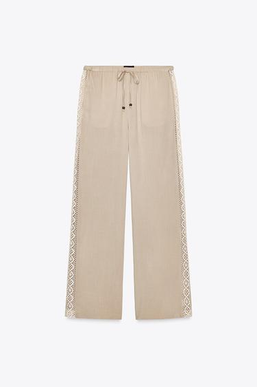 PANTALON LARGE BANDES LATÉRALES BRODÉES - Sable de Zara - Image 5