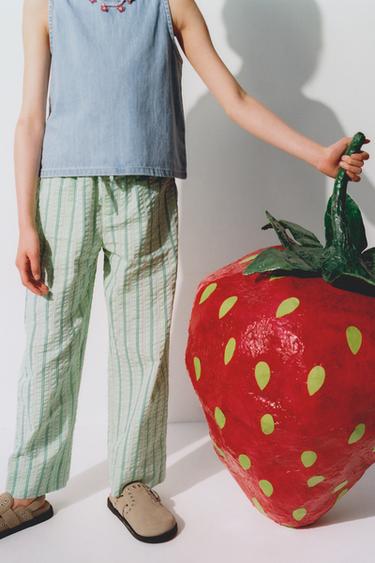 Zara STRIPED SEERSUCKER PANTS - Green - Image 0