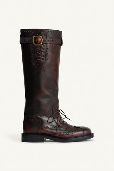 LEATHER BROGUE KNEE-HIGH BOOTS LIMITED EDITION - Brown by Zara