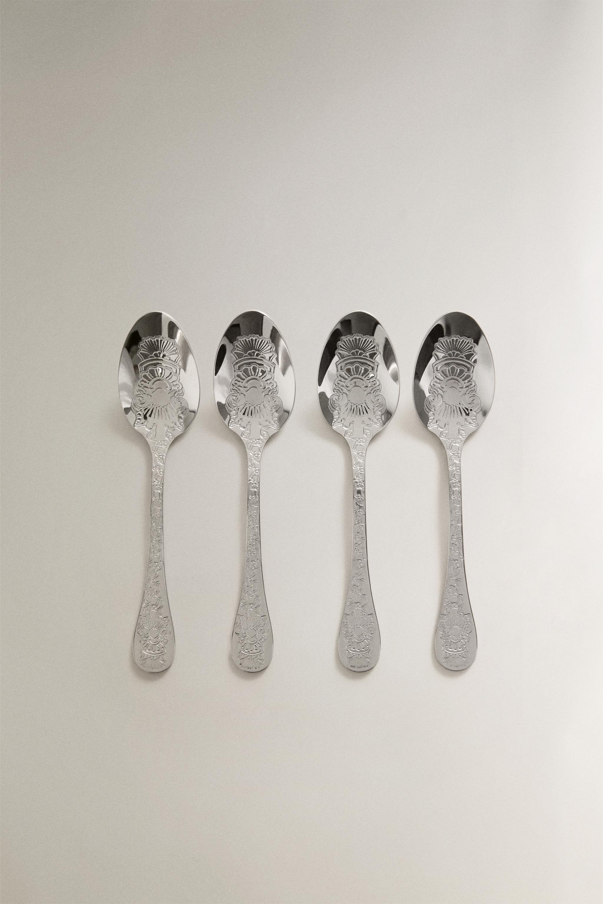 ENGRAVED STEEL TEASPOON SET (PACK OF 4) — Steel