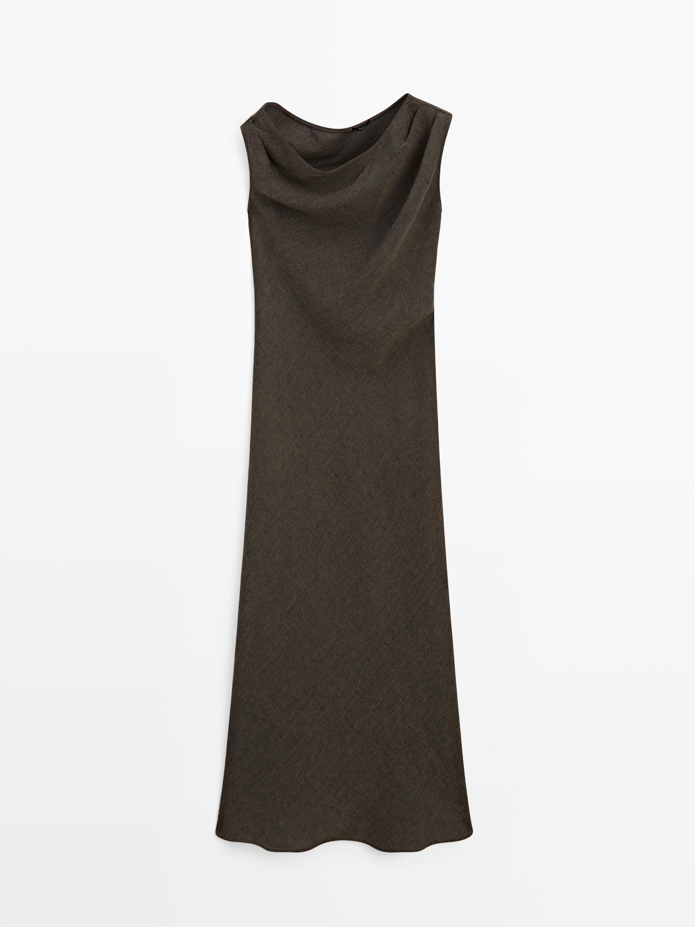 100% linen midi dress with shoulder detail — Gray
