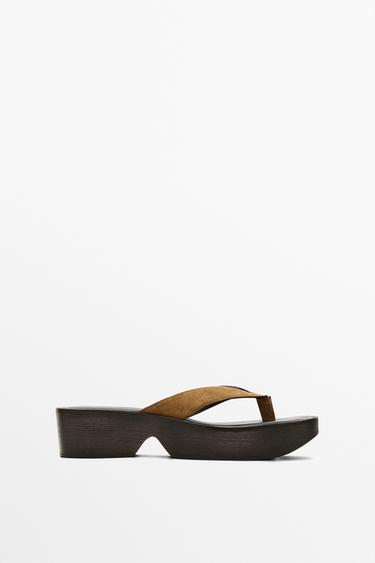 Sandale compensée cuir - Marron clair de Zara