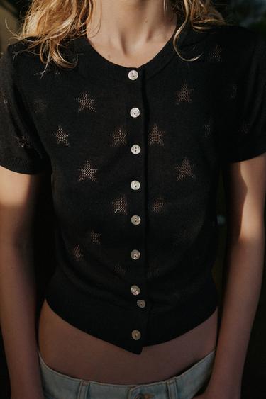 SHORT SLEEVE STAR KNIT CARDIGAN - Black by Zara - Image 2