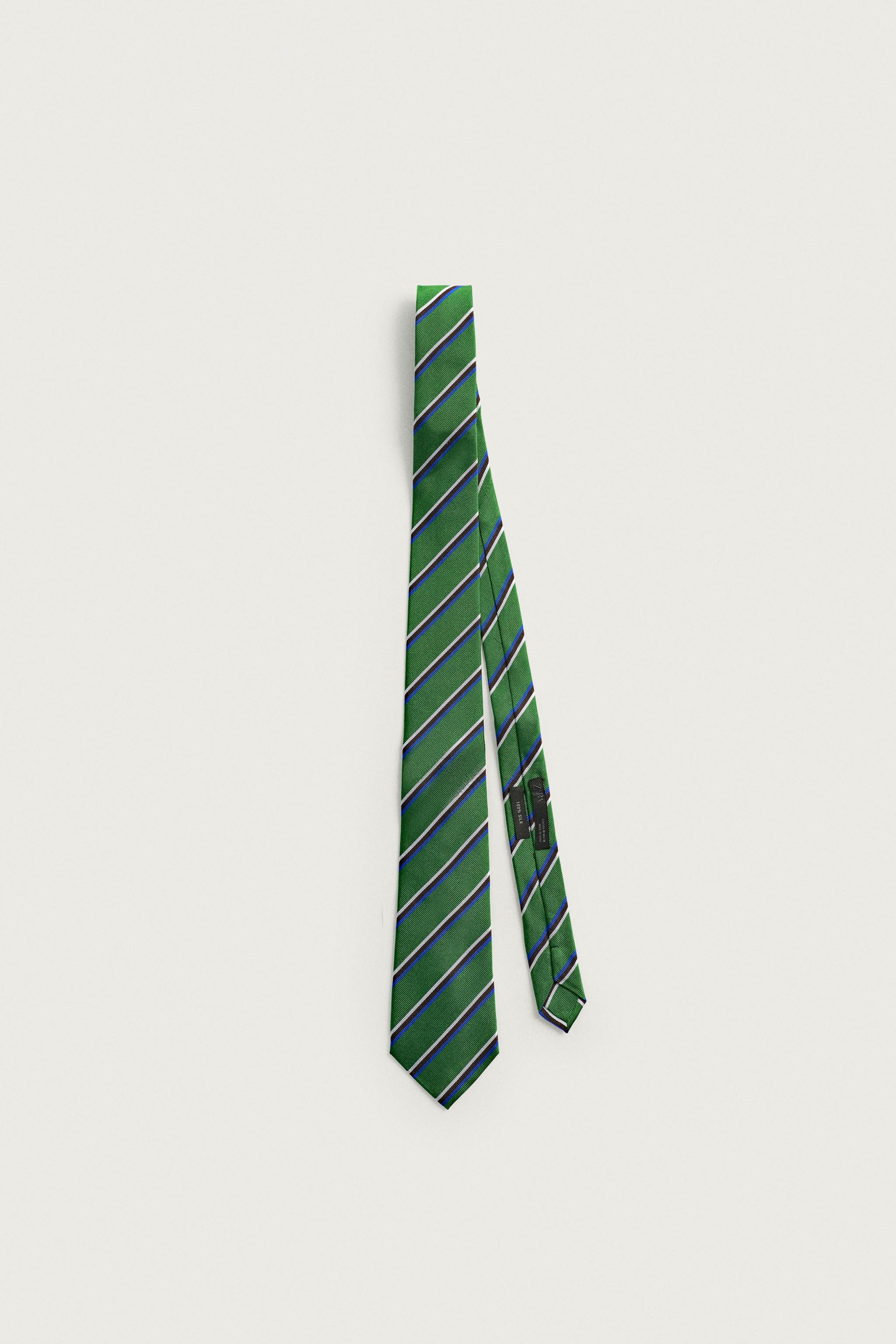 100% SILK STRIPED TIE — Green