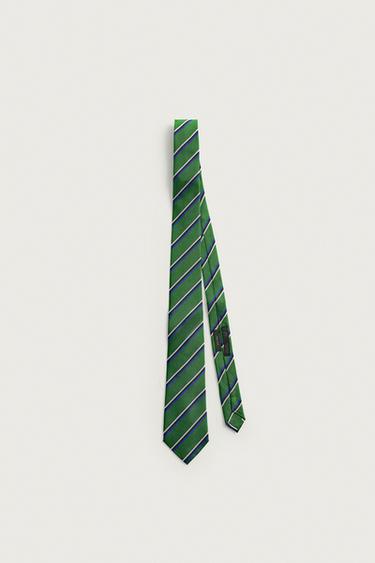 Zara 100% SILK STRIPED TIE - Green