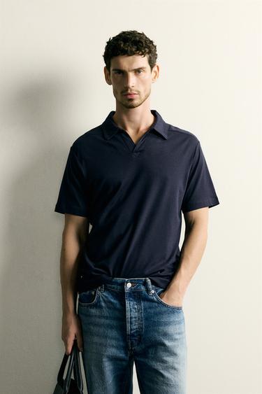 Zara STRIPED REGULAR FIT FLOWY POLO POLO SHIRT - Navy blue