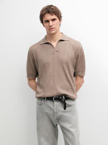 Zara Short sleeve knit polo shirt with cable-knit detail - Light khaki